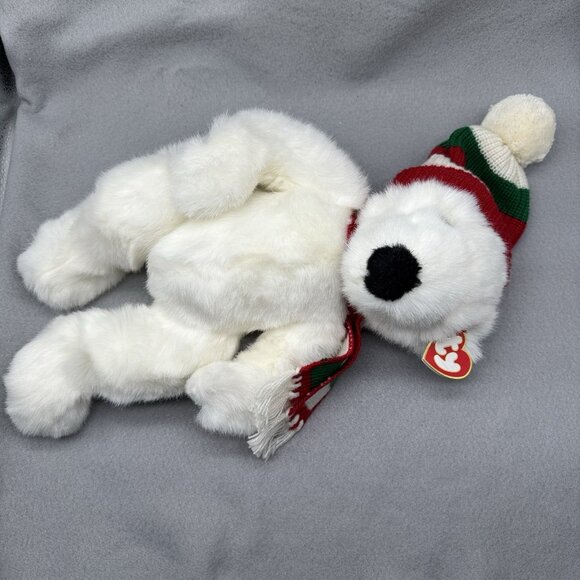 Vintage TY Beanie Buddies White Holiday Bear 1997 Knit Hat Scarf Green Red 14" - Picture 3 of 8